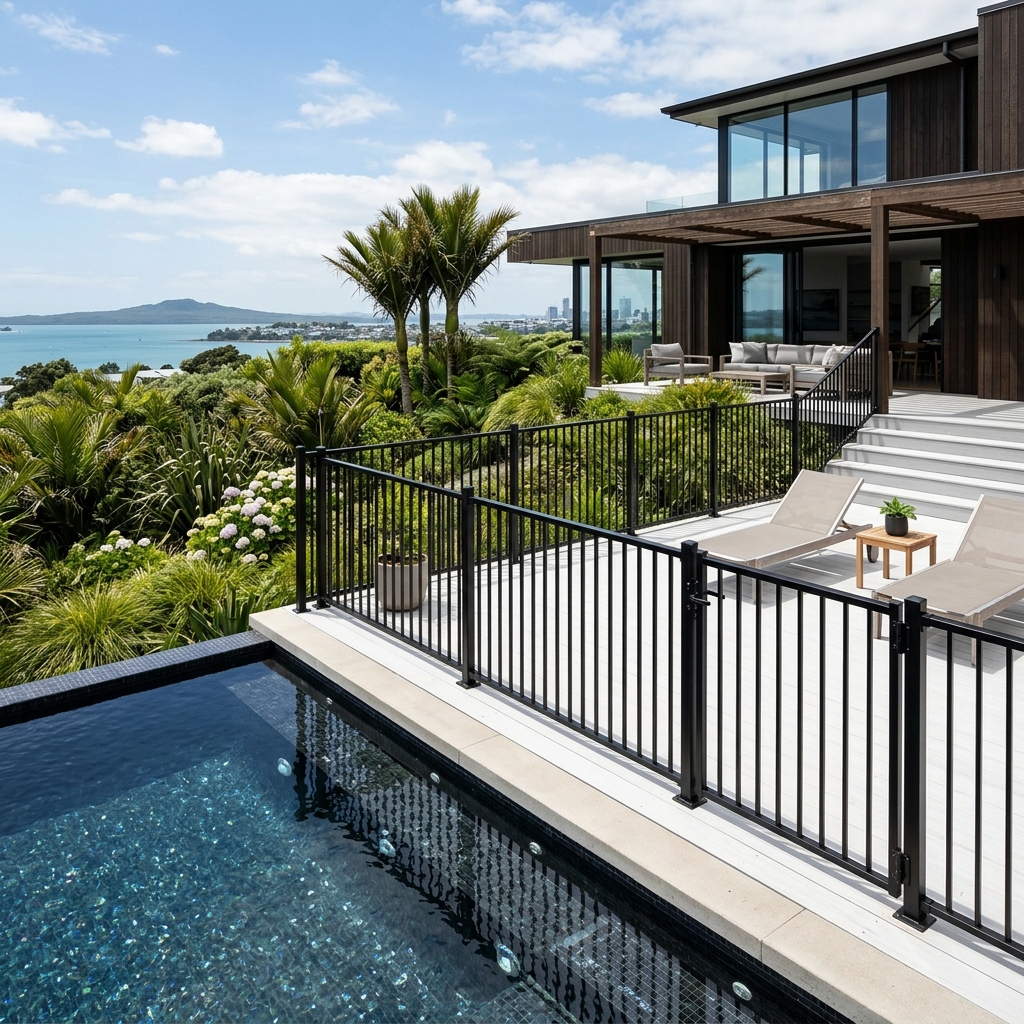 Modern black aluminum pool fence