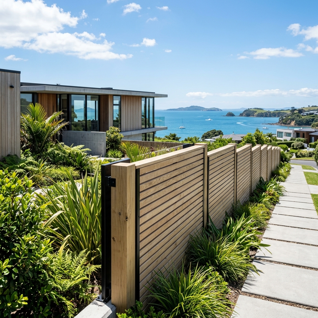Modern coastal timber fence in Auckland
