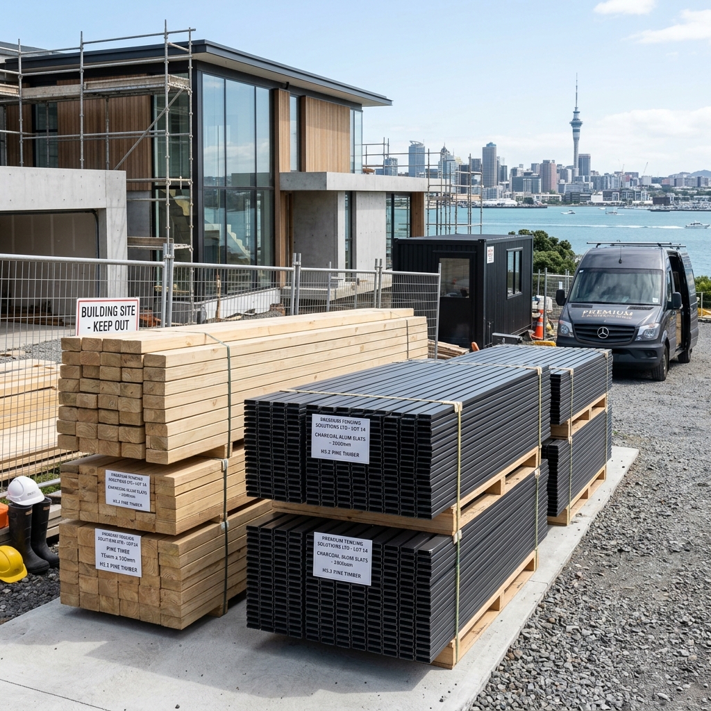 Stacked fencing materials on Auckland job site